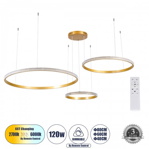 GloboStar® DIAMOND TRIO 61145 Κρεμαστό Φωτιστικό Δαχτυλίδι-Κύκλος LED CCT 120W 14723lm 360° AC 220-240V - Εναλλαγή Φωτισμού μέσω Τηλεχειριστηρίου All In One Ψυχρό 6000k+Φυσικό 4500k+Θερμό 2700k Dimmable Φ40+60+80cm - Χρυσό Βούρτσας - 3 Years Warranty Διακ GloboStar® DIAMOND TRIO 61145 Κρεμαστό Φωτιστικό Δαχτυλίδι-Κύκλος LED CCT 120W 14723lm 360° AC 220-240V - Εναλλαγή Φωτισμού μέσω Τηλεχειριστηρίου All In One Ψυχρό 6000k+Φυσικό 4500k+Θερμό 2700k Dimmable Φ40+60+80cm - Χρυσό Βούρτσας - 3 Years Warranty Διακ