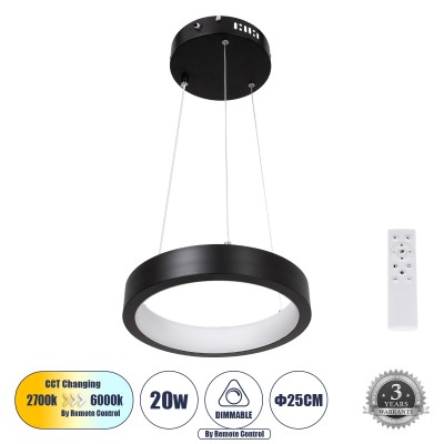 GLOBOSTAR® NEMESIS 61152 Μοντέρνο Κρεμαστό Φωτιστικό Οροφής LED 20W 2000lm 360° AC 220-240V IP20 Ρυθμιζόμενο Λευκό CCT με Χειριστήριο από 2700K έως 6000K Dimmable - Lumileds SMD Chip - Μαυρό Ματ - Μ25 x Π25 x Υ4cm - 3 Χρόνια Εγγύηση