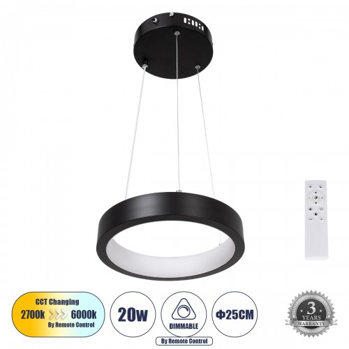 GloboStar® NEMESIS 61152 Κρεμαστό Φωτιστικό Δαχτυλίδι-Κύκλος LED CCT 20W 2356lm 360° AC 220-240V - Εναλλαγή Φωτισμού μέσω Τηλεχειριστηρίου All In One Ψυχρό 6000k+Φυσικό 4500k+Θερμό 2700k Dimmable Φ25cm - Μαύρο - 3 Years Warranty Διακόσμηση - Φως - Χαλιά