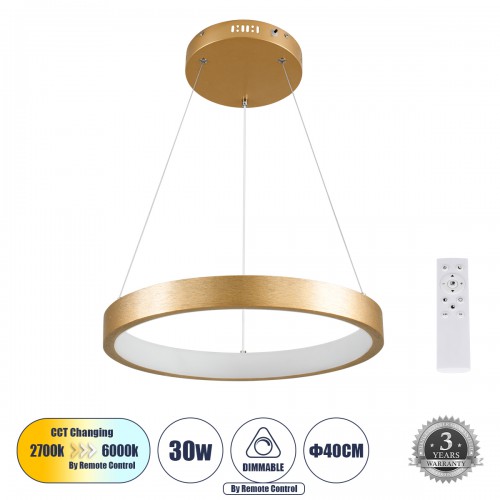 GloboStar® NEMESIS 61157 Κρεμαστό Φωτιστικό Δαχτυλίδι-Κύκλος LED CCT 30W 3513lm 360° AC 220-240V - Εναλλαγή Φωτισμού μέσω Τηλεχειριστηρίου All In One Ψυχρό 6000k+Φυσικό 4500k+Θερμό 2700k Dimmable Φ40cm - Χρυσό Βούρτσας - 3 Years Warranty Διακόσμηση - Φως GloboStar® NEMESIS 61157 Κρεμαστό Φωτιστικό Δαχτυλίδι-Κύκλος LED CCT 30W 3513lm 360° AC 220-240V - Εναλλαγή Φωτισμού μέσω Τηλεχειριστηρίου All In One Ψυχρό 6000k+Φυσικό 4500k+Θερμό 2700k Dimmable Φ40cm - Χρυσό Βούρτσας - 3 Years Warranty Διακόσμηση - Φως