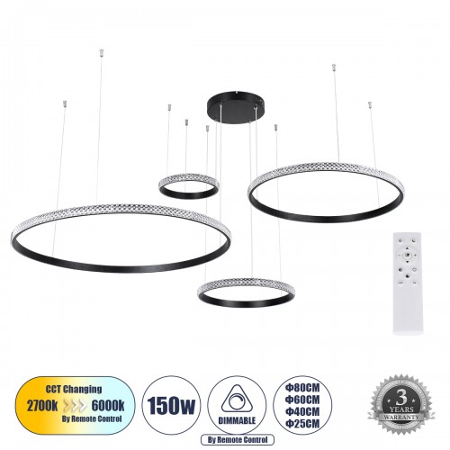 GloboStar® DIAMOND TETRA 61148 Κρεμαστό Φωτιστικό Δαχτυλίδι-Κύκλος LED CCT 150W 18379lm 360° AC 220-240V - Εναλλαγή Φωτισμού μέσω Τηλεχειριστηρίου All In One Ψυχρό 6000k+Φυσικό 4500k+Θερμό 2700k Dimmable Φ25+40+60+80cm - Μαύρο - 3 Years Warranty Διακόσμησ GloboStar® DIAMOND TETRA 61148 Κρεμαστό Φωτιστικό Δαχτυλίδι-Κύκλος LED CCT 150W 18379lm 360° AC 220-240V - Εναλλαγή Φωτισμού μέσω Τηλεχειριστηρίου All In One Ψυχρό 6000k+Φυσικό 4500k+Θερμό 2700k Dimmable Φ25+40+60+80cm - Μαύρο - 3 Years Warranty Διακόσμησ