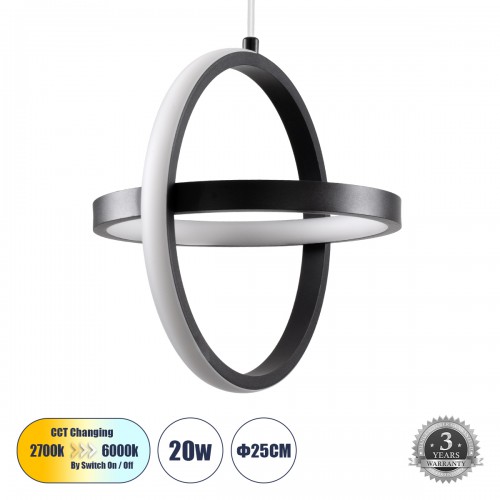 GloboStar® ALICE 61055 Κρεμαστό Φωτιστικό Οροφής Design LED CCT 20W 2400lm 300° AC 220-240V - Εναλλαγή Φωτισμού μέσω Διακόπτη On/Off All In One Ψυχρό 6000k+Φυσικό 4500k+Θερμό 2700k Μ25 x Π22 x Υ25cm - Μαύρο Διακόσμηση - Φως - Χαλιά