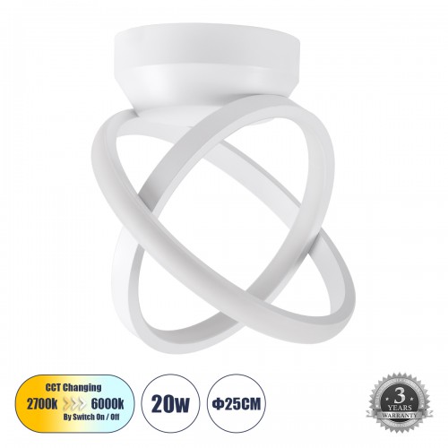 GloboStar® AMELIA 61053 Φωτιστικό Οροφής Design LED CCT 20W 2400lm 300° AC 220-240V - Εναλλαγή Φωτισμού μέσω Διακόπτη On/Off All In One Ψυχρό 6000k+Φυσικό 4500k+Θερμό 2700k Μ24.5 x Π16 x Υ25cm - Λευκό Διακόσμηση - Φως - Χαλιά