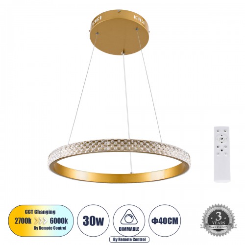 GloboStar® DIAMOND 61129 Κρεμαστό Φωτιστικό Δαχτυλίδι-Κύκλος LED CCT 30W 3513lm 360° AC 220-240V - Εναλλαγή Φωτισμού μέσω Τηλεχειριστηρίου All In One Ψυχρό 6000k+Φυσικό 4500k+Θερμό 2700k Dimmable Φ40cm - Χρυσό Βούρτσας - 3 Years Warranty Διακόσμηση - Φως 