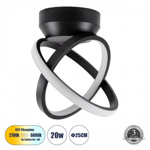 GloboStar® AMELIA 61052 Φωτιστικό Οροφής Design LED CCT 20W 2400lm 300° AC 220-240V - Εναλλαγή Φωτισμού μέσω Διακόπτη On/Off All In One Ψυχρό 6000k+Φυσικό 4500k+Θερμό 2700k Μ24.5 x Π16 x Υ25cm - Μαύρο Διακόσμηση - Φως - Χαλιά