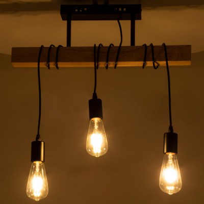 GloboStar® JOLLY 00605 Vintage Κρεμαστό Φωτιστικό Οροφής Τρίφωτο 3 x E27 Μαύρο Μεταλλικό Ξύλινο Ράγα Μ55 x Π6 x Υ30cm έως Y115cm max Διακόσμηση - Φωτισμός - Χαλιά