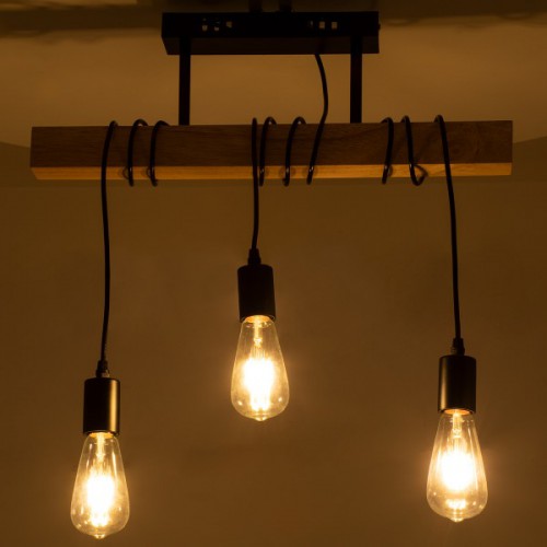 GloboStar® JOLLY 00605 Vintage Κρεμαστό Φωτιστικό Οροφής Τρίφωτο 3 x E27 Μαύρο Μεταλλικό Ξύλινο Ράγα Μ55 x Π6 x Υ30cm έως Y115cm max Διακόσμηση - Φωτισμός - Χαλιά