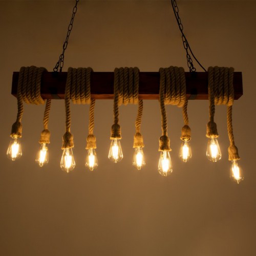 GloboStar® VIKING 00607 Vintage Κρεμαστό Φωτιστικό Οροφής Πολύφωτο 10 x E27 Σκούρο Καφέ Μεταλλικό Ξύλινο Ράγα Μ108 x Π11 x Υ96cm έως Y220cm max Διακόσμηση - Φωτισμός - Χαλιά