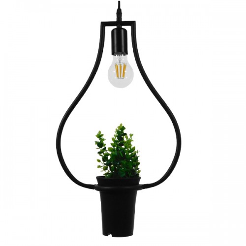GloboStar® FLOWERPOT 10001210 Μοντέρνο Κρεμαστό Φωτιστικό Οροφής Μονόφωτο 1 x E27 Μαύρο Μεταλλικό με Διακοσμητικό Φυτό Φ27 x Y40cm Διακόσμηση - Φωτισμός - Χαλιά