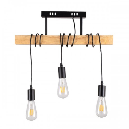 GloboStar® JOLLY 00605 Vintage Κρεμαστό Φωτιστικό Οροφής Τρίφωτο 3 x E27 Μαύρο Μεταλλικό Ξύλινο Ράγα Μ55 x Π6 x Υ30cm έως Y115cm max Διακόσμηση - Φωτισμός - Χαλιά