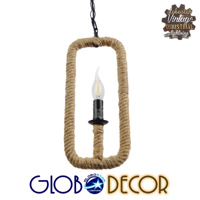 GloboStar® LINDELL 10001110 Vintage Industrial Κρεμαστό Φωτιστικό Οροφής Μονόφωτο 1 x E27 Μαύρο Μεταλλικό με Μπεζ Σχοινί Φ18 x Y33cm Διακόσμηση - Φωτισμός - Χαλιά