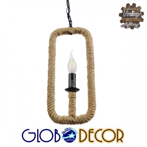 GloboStar® LINDELL 10001110 Vintage Industrial Κρεμαστό Φωτιστικό Οροφής Μονόφωτο 1 x E27 Μαύρο Μεταλλικό με Μπεζ Σχοινί Φ18 x Y33cm Διακόσμηση - Φωτισμός - Χαλιά