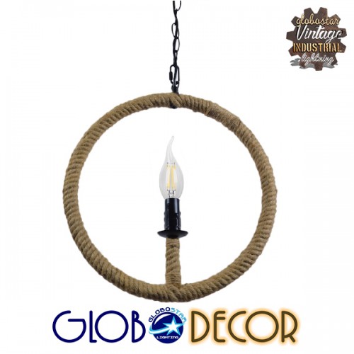 GloboStar® LINDELL 10001111 Vintage Industrial Κρεμαστό Φωτιστικό Οροφής Μονόφωτο 1 x E27 Μαύρο Μεταλλικό με Μπεζ Σχοινί Φ33 x Y33cm Διακόσμηση - Φωτισμός - Χαλιά