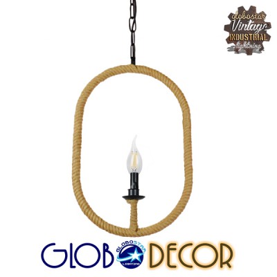 GloboStar® LINDELL 10001142 Vintage Κρεμαστό Φωτιστικό Οροφής Μονόφωτο 1 x E27 Μαύρο Μεταλλικό με Μπεζ Σχοινί Μ35 x Π10 x Υ53cm Διακόσμηση - Φωτισμός - Χαλιά