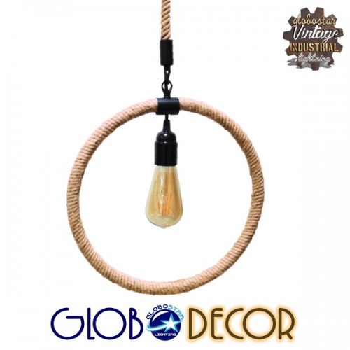 GloboStar® MALVERN 10001239 Vintage Industrial Κρεμαστό Φωτιστικό Οροφής Μονόφωτο 1 x E27 Μαύρο Μεταλλικό με Μπεζ Σχοινί Μ34 x Π22 x Υ34cm Διακόσμηση - Φωτισμός - Χαλιά