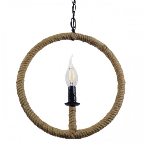 GloboStar® LINDELL 10001111 Vintage Industrial Κρεμαστό Φωτιστικό Οροφής Μονόφωτο 1 x E27 Μαύρο Μεταλλικό με Μπεζ Σχοινί Φ33 x Y33cm Διακόσμηση - Φωτισμός - Χαλιά