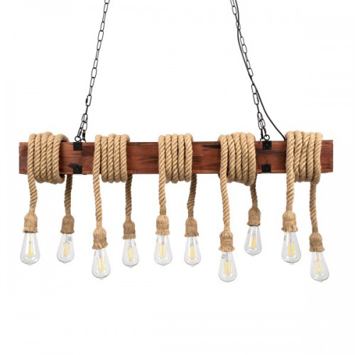 GloboStar® VIKING 00607 Vintage Κρεμαστό Φωτιστικό Οροφής Πολύφωτο 10 x E27 Σκούρο Καφέ Μεταλλικό Ξύλινο Ράγα Μ108 x Π11 x Υ96cm έως Y220cm max Διακόσμηση - Φωτισμός - Χαλιά