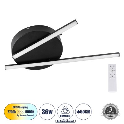 GLOBOSTAR® DRACO 61091 Μοντέρνο Φωτιστικό Οροφής LED 36W 4428lm 120° AC 220-240V IP20 Ρυθμιζόμενο Λευκό CCT με Χειριστήριο από 2700K έως 6000K Dimmable - Lumileds SMD Chip - Μαύρο Ματ - Μ50 x Π50 x Υ6cm - 3 Χρόνια Εγγύηση
