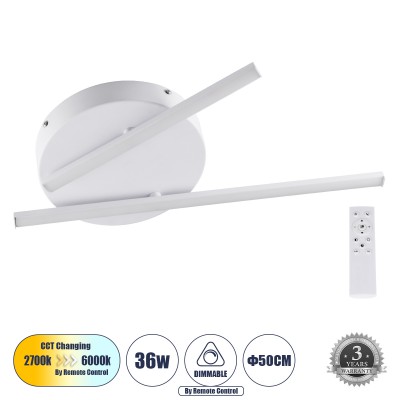 GLOBOSTAR® DRACO 61092 Μοντέρνο Φωτιστικό Οροφής LED 36W 4428lm 120° AC 220-240V IP20 Ρυθμιζόμενο Λευκό CCT με Χειριστήριο από 2700K έως 6000K Dimmable - Lumileds SMD Chip - Λευκό Ματ - Μ50 x Π50 x Υ6cm - 3 Χρόνια Εγγύηση