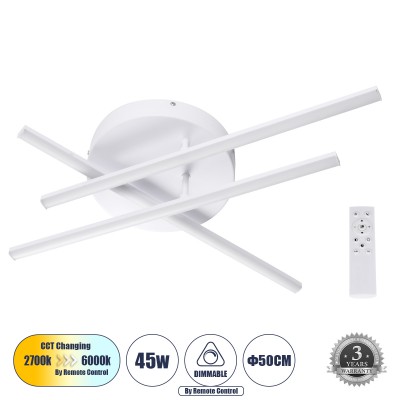 GLOBOSTAR® DRACO 61094 Μοντέρνο Φωτιστικό Οροφής LED 45W 5535lm 120° AC 220-240V IP20 Ρυθμιζόμενο Λευκό CCT με Χειριστήριο από 2700K έως 6000K Dimmable - Lumileds SMD Chip - Λευκό Ματ - Μ50 x Π50 x Υ11cm - 3 Χρόνια Εγγύηση