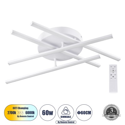 GLOBOSTAR® DRACO 61096 Μοντέρνο Φωτιστικό Οροφής LED 60W 7380lm 120° AC 220-240V IP20 Ρυθμιζόμενο Λευκό CCT με Χειριστήριο από 2700K έως 6000K Dimmable - Lumileds SMD Chip - Λευκό Ματ - Μ60 x Π60 x Υ11cm - 3 Χρόνια Εγγύηση