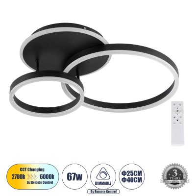 GLOBOSTAR® VENOM 61120 Μοντέρνο Φωτιστικό Οροφής LED 67W 8107lm 360° AC 220-240V IP20 Ρυθμιζόμενο Λευκό CCT με Χειριστήριο από 2700K έως 6000K Dimmable - Lumileds SMD Chip - Μαύρο Ματ - Μ60 x Π40 x Υ12.5cm - 3 Χρόνια Εγγύηση