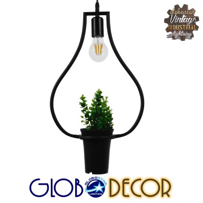 GloboStar® FLOWERPOT 10001210 Μοντέρνο Κρεμαστό Φωτιστικό Οροφής Μονόφωτο 1 x E27 Μαύρο Μεταλλικό με Διακοσμητικό Φυτό Φ27 x Y40cm Διακόσμηση - Φωτισμός - Χαλιά