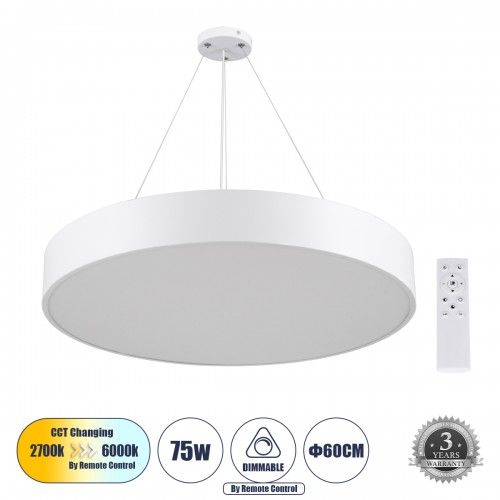 GloboStar® BURTON 61203-P Κρεμαστή Πλαφονιέρα Οροφής LED CCT 75W 8625lm 120° AC 220-240V - Εναλλαγή Φωτισμού μέσω Τηλεχειριστηρίου All In One Ψυχρό 6000k+Φυσικό 4500k+Θερμό 2700k Dimmable Φ60cm - Λευκό - 3 Years Warranty Διακόσμηση - Φως - Χαλιά