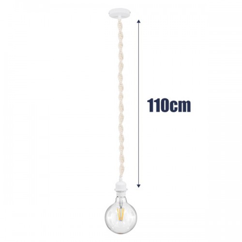 GloboStar® 36215 SHAQRA Κρεμαστό Φωτιστικό Οροφής Ανάρτηση Boho - Μακραμέ Πλεκτό Χειροποίητο με Λευκό Ντουί 1 x E27 για Τοποθέτηση Καπέλων Φωτιστικών Μονόφωτο Μπεζ Υφασμάτινο με Σχοινί Φ4 x Y110cm Διακόσμηση - Φωτισμός - Χαλιά