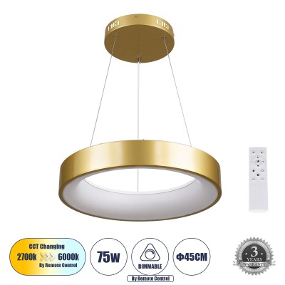 GLOBOSTAR® SALEM 61243 Μοντέρνο Κρεμαστό Φωτιστικό Οροφής LED 75W 8625lm 120° AC 220-240V IP20 Ρυθμιζόμενο Λευκό CCT με Χειριστήριο από 2700K έως 6000K Dimmable - Lumileds SMD Chip - Χρυσό - Μ45 x Π45 x Υ6cm - 3 Χρόνια Εγγύηση GLOBOSTAR® SALEM 61243 Μοντέρνο Κρεμαστό Φωτιστικό Οροφής LED 75W 8625lm 120° AC 220-240V IP20 Ρυθμιζόμενο Λευκό CCT με Χειριστήριο από 2700K έως 6000K Dimmable - Lumileds SMD Chip - Χρυσό - Μ45 x Π45 x Υ6cm - 3 Χρόνια Εγγύηση