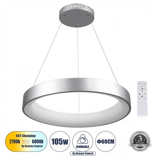 GloboStar® SALEM 61246 Κρεμαστή Πλαφονιέρα Οροφής Δαχτυλίδι-Κύκλος LED CCT 105W 12075lm 120° AC 220-240V - Εναλλαγή Φωτισμού μέσω Τηλεχειριστηρίου All In One Ψυχρό 6000k+Φυσικό 4500k+Θερμό 2700k Dimmable Φ60cm - Ασημί - 3 Years Warranty Διακόσμηση - Φως - GloboStar® SALEM 61246 Κρεμαστή Πλαφονιέρα Οροφής Δαχτυλίδι-Κύκλος LED CCT 105W 12075lm 120° AC 220-240V - Εναλλαγή Φωτισμού μέσω Τηλεχειριστηρίου All In One Ψυχρό 6000k+Φυσικό 4500k+Θερμό 2700k Dimmable Φ60cm - Ασημί - 3 Years Warranty Διακόσμηση - Φως -