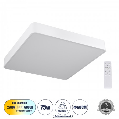 GloboStar® KAMALA 61209-S Πλαφονιέρα Οροφής LED CCT 75W 8625lm 120° AC 220-240V - Εναλλαγή Φωτισμού μέσω Τηλεχειριστηρίου All In One Ψυχρό 6000k+Φυσικό 4500k+Θερμό 2700k Dimmable Μ60 x Π60 x Υ8cm - Λευκό - 3 Years Warranty Διακόσμηση - Φως - Χαλιά GloboStar® KAMALA 61209-S Πλαφονιέρα Οροφής LED CCT 75W 8625lm 120° AC 220-240V - Εναλλαγή Φωτισμού μέσω Τηλεχειριστηρίου All In One Ψυχρό 6000k+Φυσικό 4500k+Θερμό 2700k Dimmable Μ60 x Π60 x Υ8cm - Λευκό - 3 Years Warranty Διακόσμηση - Φως - Χαλιά