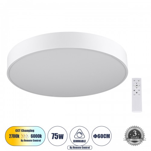 GloboStar® BURTON 61203-S Πλαφονιέρα Οροφής LED CCT 75W 8625lm 120° AC 220-240V - Εναλλαγή Φωτισμού μέσω Τηλεχειριστηρίου All In One Ψυχρό 6000k+Φυσικό 4500k+Θερμό 2700k Dimmable Φ60cm - Λευκό - 3 Years Warranty Διακόσμηση - Φως - Χαλιά