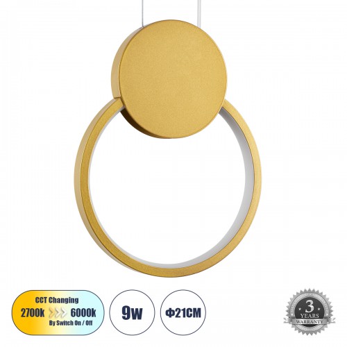 GloboStar® CYCLOS 61075 Κρεμαστό Φωτιστικό Οροφής Design LED CCT 9W 1080lm 300° AC 220-240V - Εναλλαγή Φωτισμού μέσω Διακόπτη On/Off All In One Ψυχρό 6000k+Φυσικό 4500k+Θερμό 2700k Μ21 x Π2.3 x Υ26.5cm - Χρυσό Βούρτσας Διακόσμηση - Φως - Χαλιά