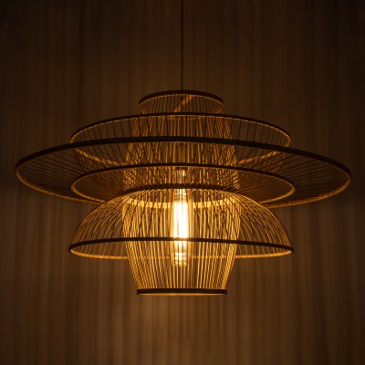 GloboStar® BALI 01758 Vintage Κρεμαστό Φωτιστικό Οροφής Μονόφωτο 1 x E27 Μπεζ Ξύλινο Μπαμπού Πλέγμα Φ100 x Y60cm Διακόσμηση - Φως - Χαλιά
