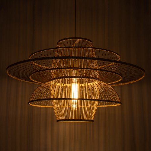 GloboStar® BALI 01758 Vintage Κρεμαστό Φωτιστικό Οροφής Μονόφωτο 1 x E27 Μπεζ Ξύλινο Μπαμπού Πλέγμα Φ100 x Y60cm Διακόσμηση - Φως - Χαλιά
