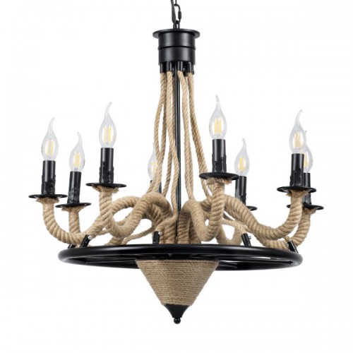 GloboStar® PENNSYLVANIA 00542 Vintage Κρεμαστό Φωτιστικό Οροφής Πολύφωτο 8 x E14 Μαύρο Μεταλλικό Πολυέλαιος με Μπεζ Σχοινί Φ64 x Y63cm Διακόσμηση - Φωτισμός - Χαλιά