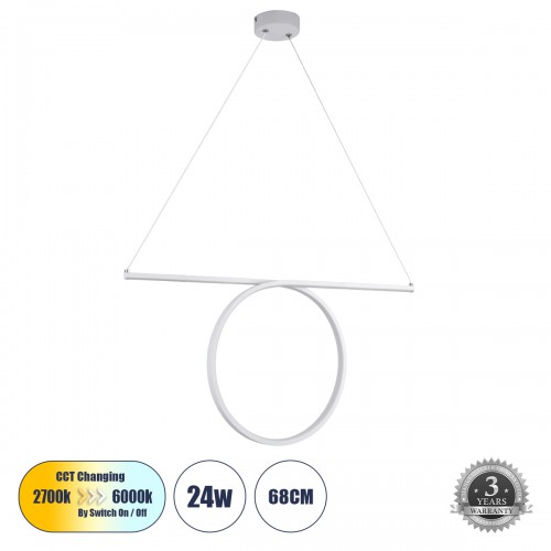 GloboStar® ROME 61295 Κρεμαστό Φωτιστικό Οροφής Linear Design LED CCT 24W 2640lm 200° AC 220-240V - Εναλλαγή Φωτισμού μέσω Διακόπτη On/Off All In One Ψυχρό 6000k+Φυσικό 4500k+Θερμό 2700k Μ65.5 x Π4 x Υ33cm - Λευκό - 3 Years Warranty Διακόσμηση - Φως - Χαλ