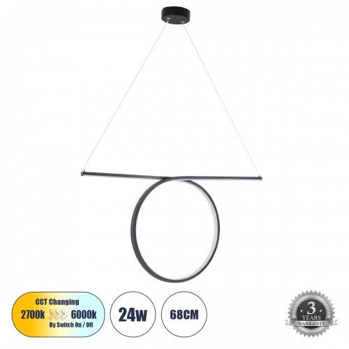 GloboStar® ROME 61294 Κρεμαστό Φωτιστικό Οροφής Linear Design LED CCT 24W 2640lm 200° AC 220-240V - Εναλλαγή Φωτισμού μέσω Διακόπτη On/Off All In One Ψυχρό 6000k+Φυσικό 4500k+Θερμό 2700k Μ65.5 x Π4 x Υ33cm - Μαύρο - 3 Years Warranty Διακόσμηση - Φως - Χαλ