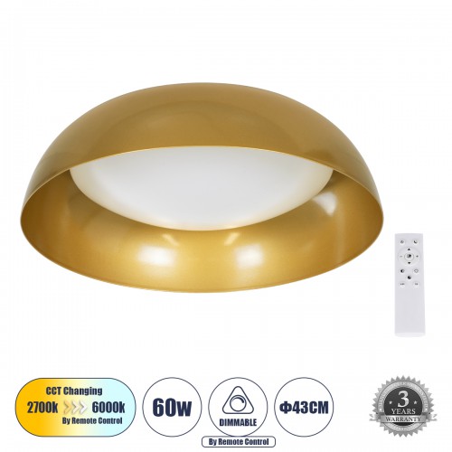 GloboStar® ANATOLIA 61263 Πλαφονιέρα Οροφής LED CCT 60W 6900lm 120° AC 220-240V - Εναλλαγή Φωτισμού μέσω Τηλεχειριστηρίου All In One Ψυχρό 6000k+Φυσικό 4500k+Θερμό 2700k Dimmable Φ43cm - Χρυσό - 3 Years Warranty Διακόσμηση - Φως - Χαλιά GloboStar® ANATOLIA 61263 Πλαφονιέρα Οροφής LED CCT 60W 6900lm 120° AC 220-240V - Εναλλαγή Φωτισμού μέσω Τηλεχειριστηρίου All In One Ψυχρό 6000k+Φυσικό 4500k+Θερμό 2700k Dimmable Φ43cm - Χρυσό - 3 Years Warranty Διακόσμηση - Φως - Χαλιά