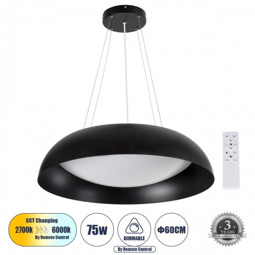 GloboStar® ANATOLIA 61269 Κρεμαστή Πλαφονιέρα Οροφής LED CCT 75W 8625lm 120° AC 220-240V - Εναλλαγή Φωτισμού μέσω Τηλεχειριστηρίου All In One Ψυχρό 6000k+Φυσικό 4500k+Θερμό 2700k Dimmable Φ60cm - Μαύρο - 3 Years Warranty Διακόσμηση - Φως - Χαλιά GloboStar® ANATOLIA 61269 Κρεμαστή Πλαφονιέρα Οροφής LED CCT 75W 8625lm 120° AC 220-240V - Εναλλαγή Φωτισμού μέσω Τηλεχειριστηρίου All In One Ψυχρό 6000k+Φυσικό 4500k+Θερμό 2700k Dimmable Φ60cm - Μαύρο - 3 Years Warranty Διακόσμηση - Φως - Χαλιά