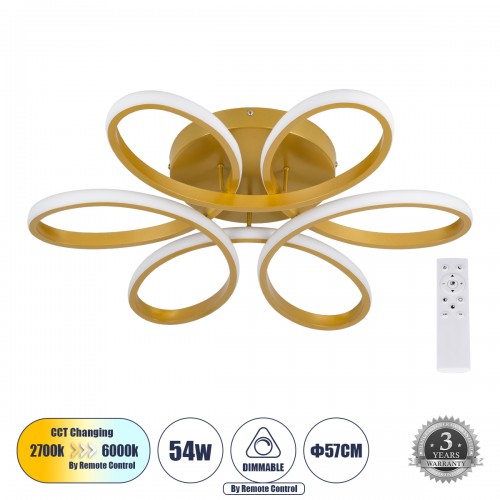 GloboStar® MARGARET 61403 Φωτιστικό Οροφής Design LED CCT 54W 6210lm 360° AC 220-240V - Εναλλαγή Φωτισμού μέσω Τηλεχειριστηρίου All In One Ψυχρό 6000k+Φυσικό 4500k+Θερμό 2700k Dimmable Φ57 x Υ12cm - Χρυσό Βούρτσας - 3 Years Warranty Διακόσμηση - Φως - Χαλ GloboStar® MARGARET 61403 Φωτιστικό Οροφής Design LED CCT 54W 6210lm 360° AC 220-240V - Εναλλαγή Φωτισμού μέσω Τηλεχειριστηρίου All In One Ψυχρό 6000k+Φυσικό 4500k+Θερμό 2700k Dimmable Φ57 x Υ12cm - Χρυσό Βούρτσας - 3 Years Warranty Διακόσμηση - Φως - Χαλ