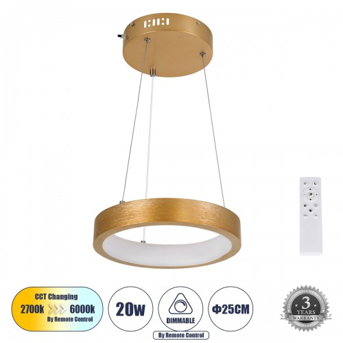 GloboStar® NEMESIS 61154 Κρεμαστό Φωτιστικό Δαχτυλίδι-Κύκλος LED CCT 20W 2356lm 360° AC 220-240V - Εναλλαγή Φωτισμού μέσω Τηλεχειριστηρίου All In One Ψυχρό 6000k+Φυσικό 4500k+Θερμό 2700k Dimmable Φ25cm - Χρυσό Βούρτσας - 3 Years Warranty Διακόσμηση - Φως 