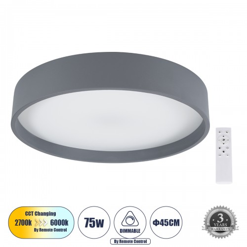 GloboStar® NARNIA 61258 Πλαφονιέρα Οροφής LED CCT 75W 8625lm 120° AC 220-240V - Εναλλαγή Φωτισμού μέσω Τηλεχειριστηρίου All In One Ψυχρό 6000k+Φυσικό 4500k+Θερμό 2700k Dimmable Φ45 x Υ8cm - Γκρι Ανθρακί - 3 Years Warranty Διακόσμηση - Φως - Χαλιά
