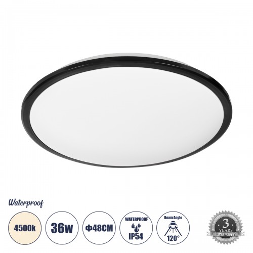 GloboStar® TUFFIN 60999 Πλαφονιέρα Οροφής LED 36W 3960lm 120° AC 220-240V Αδιάβροχη IP54 Φ48 x Υ6.5cm Φυσικό Λευκό 4500K - Μαύρο - Bridgelux Chips - 3 Years Warranty Διακόσμηση - Φως - Χαλιά