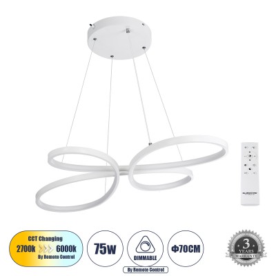 GLOBOSTAR® BUTTERFLY 61392 Μοντέρνο Κρεμαστό Φωτιστικό Οροφής LED 75W 7500lm 300° AC 220-240V IP20 Ρυθμιζόμενο Λευκό CCT με Χειριστήριο από 2700K έως 6000K Dimmable - Lumileds SMD Chip - Λευκό Ματ - Μ70 x Π55 x Υ4cm - 3 Χρόνια Εγγύηση GLOBOSTAR® BUTTERFLY 61392 Μοντέρνο Κρεμαστό Φωτιστικό Οροφής LED 75W 7500lm 300° AC 220-240V IP20 Ρυθμιζόμενο Λευκό CCT με Χειριστήριο από 2700K έως 6000K Dimmable - Lumileds SMD Chip - Λευκό Ματ - Μ70 x Π55 x Υ4cm - 3 Χρόνια Εγγύηση