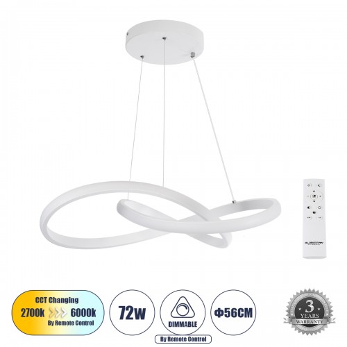 GloboStar® DEXTER 61050 Κρεμαστό Φωτιστικό Οροφής Design LED CCT 72W 8064lm 300° AC 220-240V - Εναλλαγή Φωτισμού μέσω Τηλεχειριστηρίου All In One Ψυχρό 6000k+Φυσικό 4500k+Θερμό 2700k Dimmable Φ56cm - Λευκό - 3 Years Warranty Διακόσμηση - Φως - Χαλιά