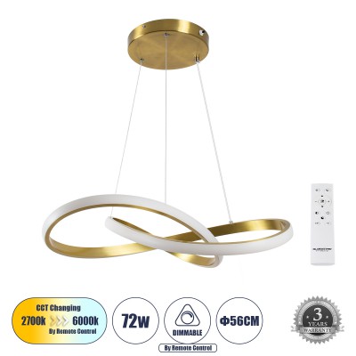 GLOBOSTAR® DEXTER 61051 Μοντέρνο Κρεμαστό Φωτιστικό Οροφής LED 72W 8064lm 300° AC 220-240V IP20 Ρυθμιζόμενο Λευκό CCT με Χειριστήριο από 2700K έως 6000K Dimmable - Lumileds SMD Chip - Σατινέ Χρυσό Βούρτσας - Μ56 x Π56 x Υ14cm - 3 Χρόνια Εγγύηση