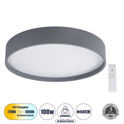 GLOBOSTAR® NARNIA 61260 Μοντέρνο Φωτιστικό Οροφής LED 100W 10000lm 120° AC 220-240V IP20 Ρυθμιζόμενο Λευκό CCT με Χειριστήριο από 2700K έως 6000K Dimmable - Lumileds SMD Chip - Γκρι Ματ - Μ60 x Π60 x Υ10cm - 3 Χρόνια Εγγύηση