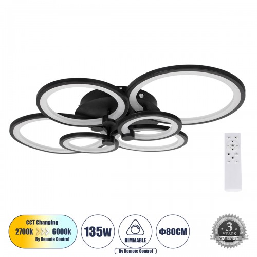 GloboStar® ROYAL-R 61323 Φωτιστικό Οροφής Design LED CCT 135W 16200lm 360° AC 220-240V - Εναλλαγή Φωτισμού μέσω Τηλεχειριστηρίου All In One Ψυχρό 6000k+Φυσικό 4500k+Θερμό 2700k Dimmable Μ80.5 x Π59 x Υ12cm - Μαύρο - 3 Years Warranty Διακόσμηση - Φως - Χαλ